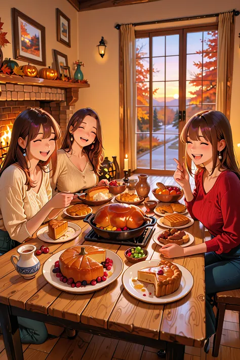 High Quality, masterpiece, Ultra High Definition, Thanksgiving Day Celebration, Dining Table Lined with Fine Food, roast turkey,...