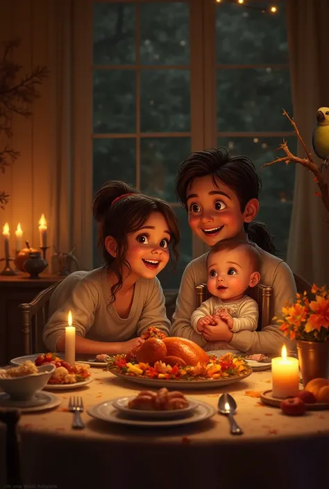 Husband and wife celebrating Thanksgiving with a baby sitting at the table with their periquera the atmosphere is one of love an...