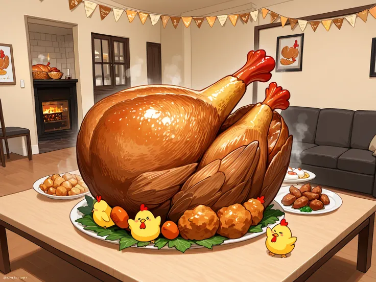Thanksgiving miracle ,whole roasted chicken, living room, dining table, party