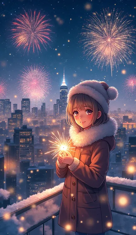Anime-style illustration of a magical New Year’s Eve night. A beautiful city skyline glowing with lights, fireworks bursting in ...