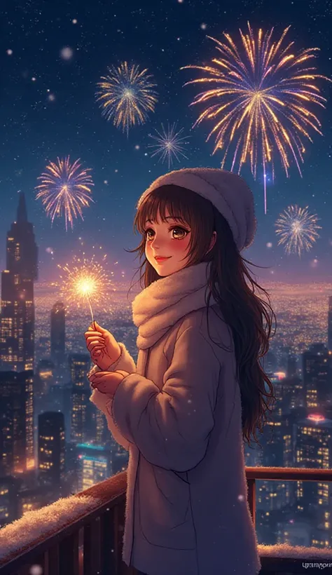 Anime-style illustration of a magical New Year’s Eve night. A beautiful city skyline glowing with lights, fireworks bursting in ...