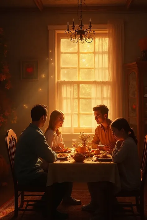 An unexpected miracle of Thanksgiving,The family sat around a table in an old farmhouse,Suddenly golden spots of light floated o...