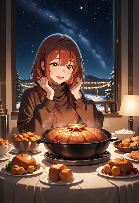 masterpiece, best quality, Family and friends gather around a long table bathed in warm light, sharing a bountiful Thanksgiving ...