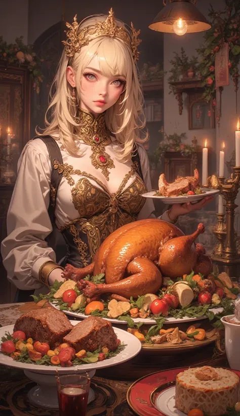 Realistic、Thanksgiving、beautiful blonde、I have a plate with roasted turkey on it、It's full of delicious aromas、anime screenshot、...