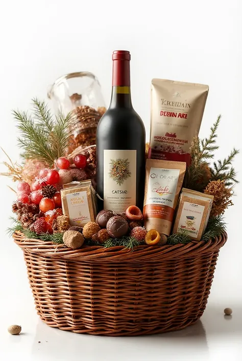 create a chrsitmas hamper basket with wine, snacks, chocolate in a packet and wellness products. please make the background tran...