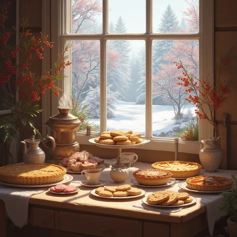 table with a cup of hot tea and a kettle of pies in plates and cookies next to the window in the yard rowan and snow