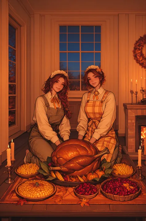 Thanksgiving theme, warm and cozy harvest festival atmosphere, beautiful American-style living room with burning fireplace, mant...