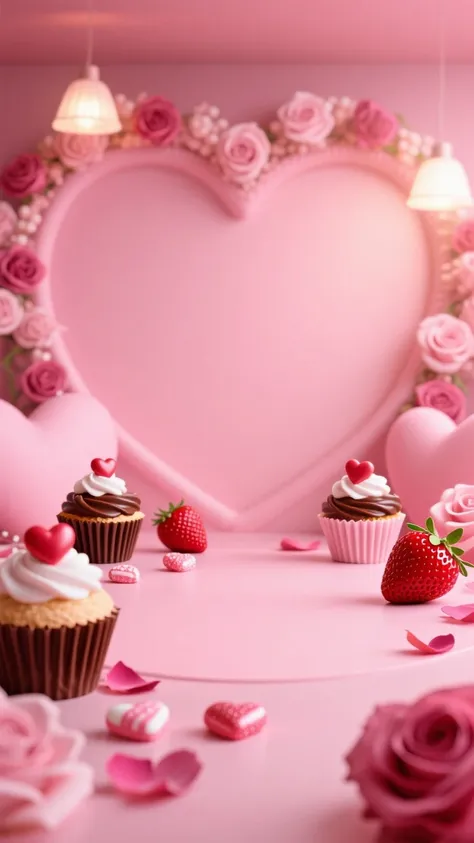 Romantic sweet treat Valentine scene, chocolate strawberries, cupcakes, heart candies, rose petals framing the edges, spacious e...