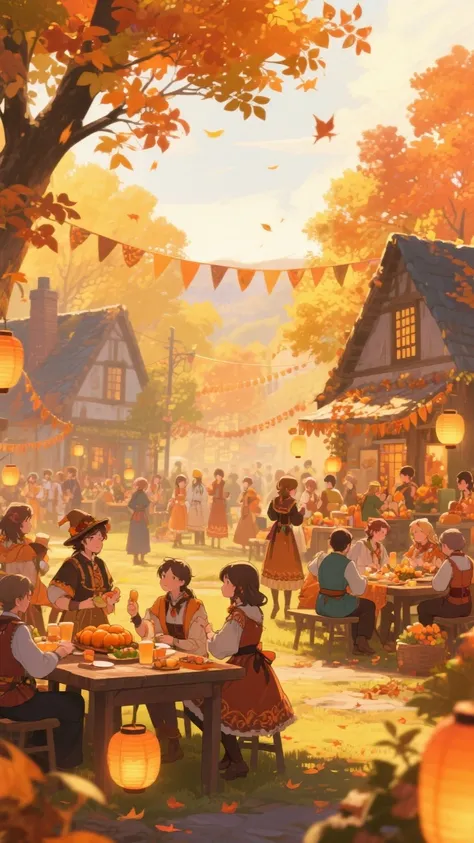 Create semi-realistic anime images: scenery in a village, people seem happy, atmosphere on Thanksgiving day.
