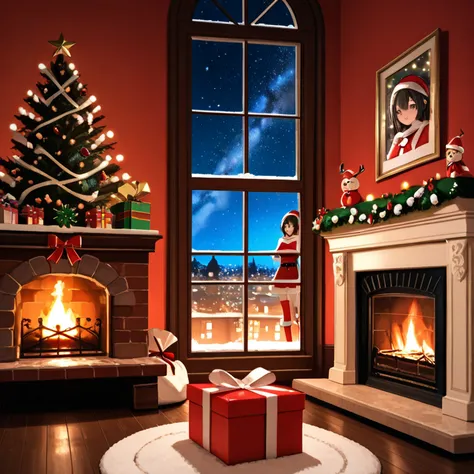 Night view、starry sky、Room window、Christmas、Christmasツリー、Decorate 、Santa、fireplace