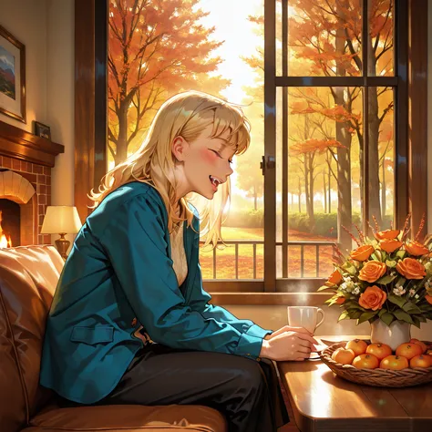 A Thanksgiving miracle, a warm, heartfelt scene: an elderly couple sitting together by a roaring fireplace, expressions of joy a...