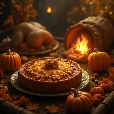 Thanksgiving Miracle, intricate pumpkin pie, golden turkey, candied yams, cornucopia overflowing with autumn bounty, cozy firesi...