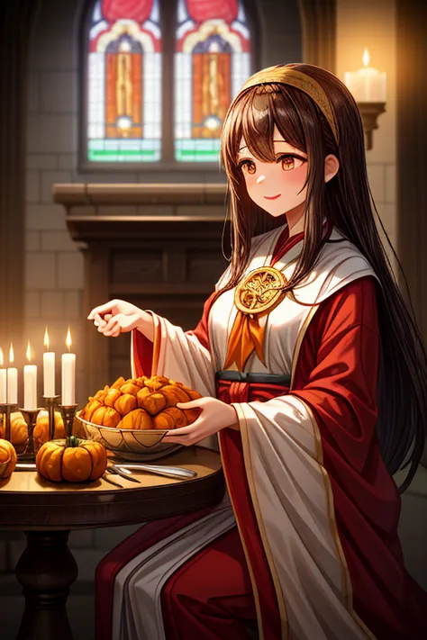 high quality, masterpiece, best quality, 1 girl, young adult female, priestess attire, ornate ceremonial robes, autumn colors, g...