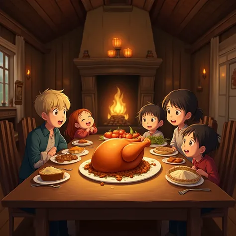masterpiece,best quality,anime style,thanksgiving,wooden house,wooden dinner table,large roast chicken,pumpkin pie,A family with...