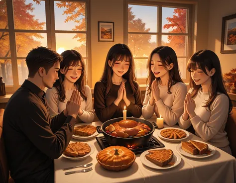 High Quality, masterpiece, Ultra High Definition, Thanksgiving dinner table, Family gathering, warm light, Turkey cooking , Pump...