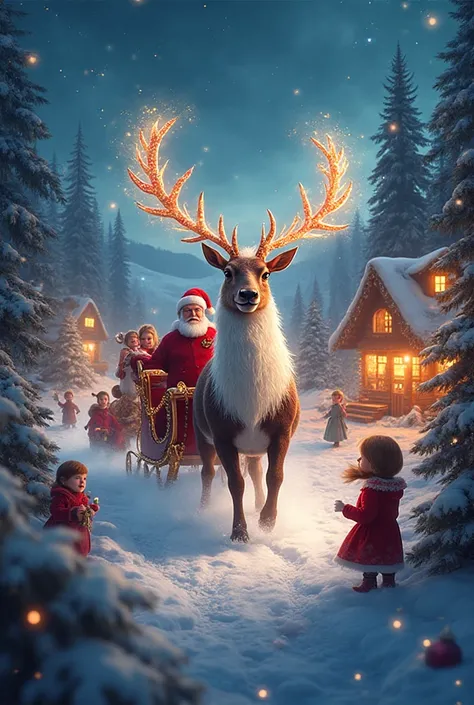 Magic reindeer with gifts and happy children watching Santa Claus arrive in snowy landscape and cabins 