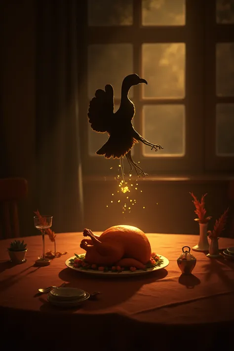 A mystical independent shadow of a Thanksgiving turkey, moving freely like a graceful spirit. The shadow takes the shape of a de...