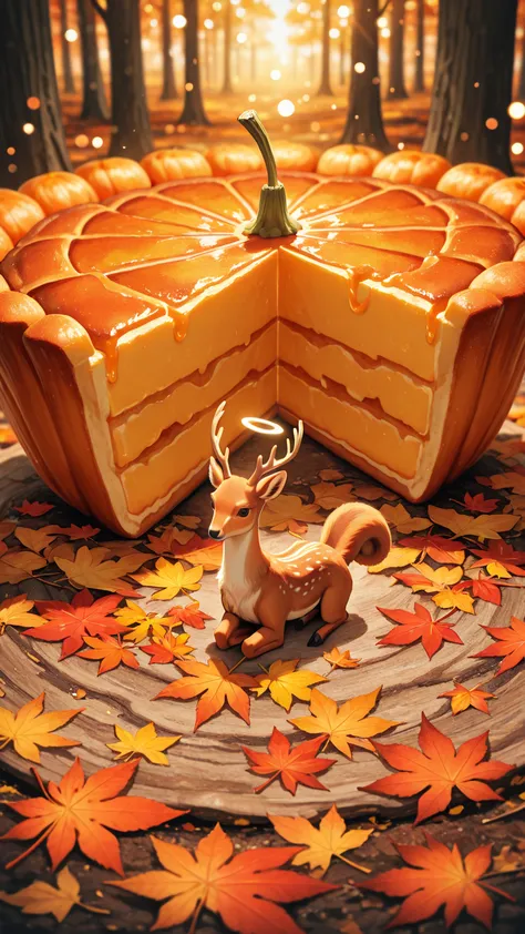 A close-up of a small, traditional pumpkin pie, mysteriously placed on a mossy, autumnal forest floor. Surrounding the pie are v...