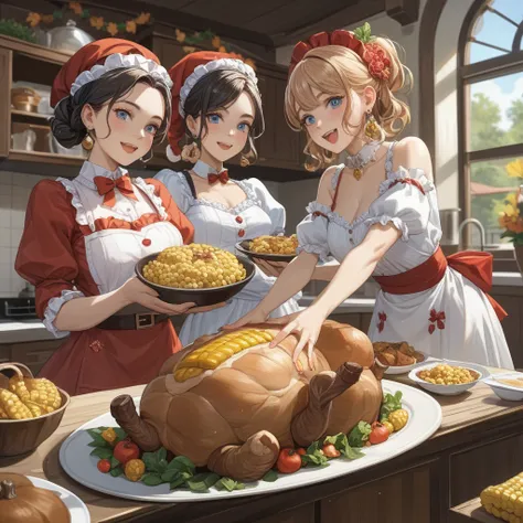 thanksgiving miracle、roast turkey dances、Corn dances、women wearing aprons、attractive woman、Country House 、