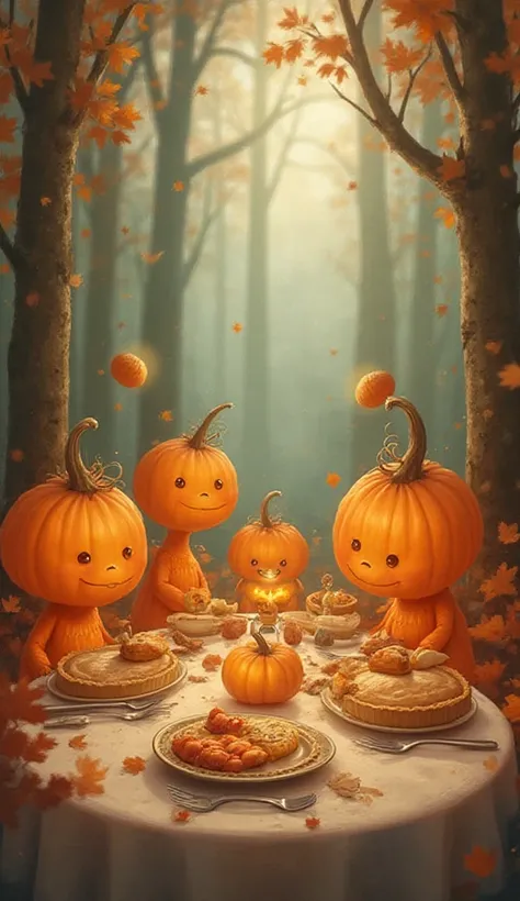 A group of chubby, adorable pumpkin-shaped forest spirits helping a family magically set the Thanksgiving table—floating silverw...