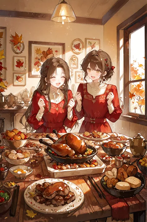 masterpiece, RAW photo, ultra-detailed, endearing Thanksgiving family moment with adorable young girl in cute burgundy velvet dr...