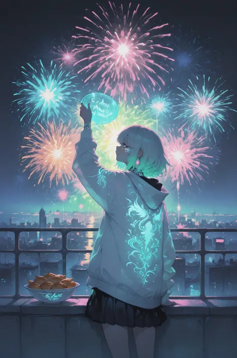 A family gathers on a cyberpunk rooftop, sharing holographic Thanksgiving dishes under the neon glow. Behind them, a futuristic ...