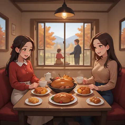 Thanksgiving clothing, family sitting having dinner, seen from outside the window