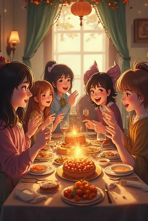 Exuberant girls having dinner on Thanksgiving