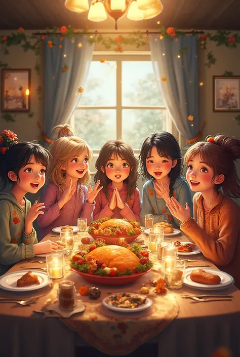Exuberant girls having dinner on Thanksgiving 