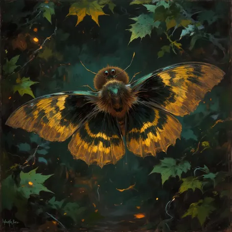 A moth. Beautifull but eerie atmosphere. Color palett: Black, Pine green, Mahagony red, Gold and White. 