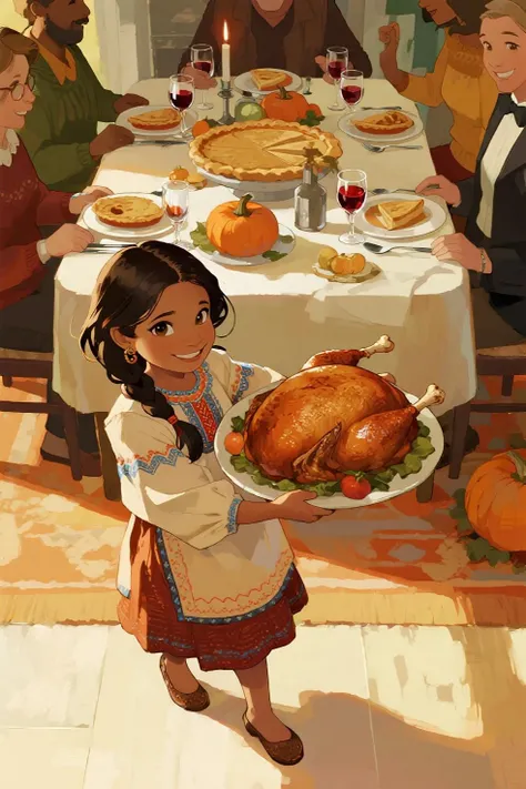 style: high-quality electronic art. Indian girl carries roasted turkey to American Thanksgiving. 