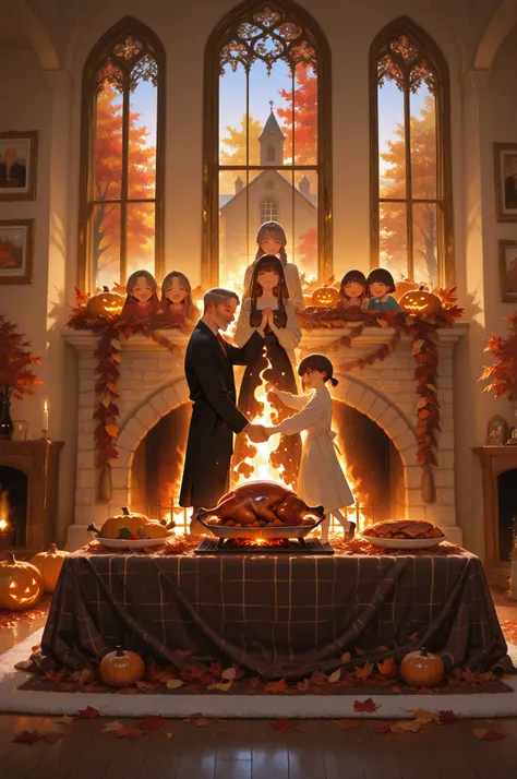 High Quality, masterpiece, Like a Picture, thanksgiving miracle, A warm family reunion, A luxurious dinner table, roast turkey, ...