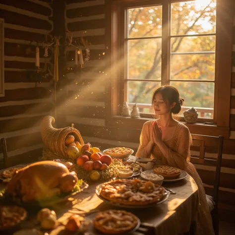 Masterpiece, best quality, photorealistic photograph, cinematic warm lighting. A beautiful Japanese woman with a gentle smile, e...