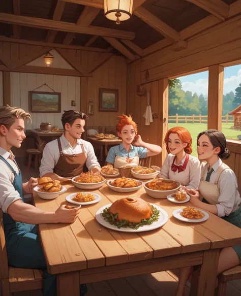 Thanksgiving dinner, chicken on the table and other types of food, hut, 4 people seated at the table