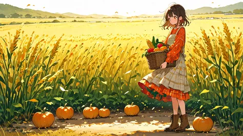 Cute, 748cmstyle, (masterpiece:1.3), (vibrant harvest colors), A cute young girl, **Harvest Blessing Carrier**, **carrying a hea...
