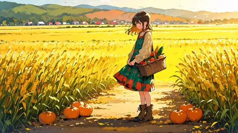 Cute, 748cmstyle, (masterpiece:1.3), (vibrant harvest colors), A cute young girl, **Harvest Blessing Carrier**, **carrying a hea...