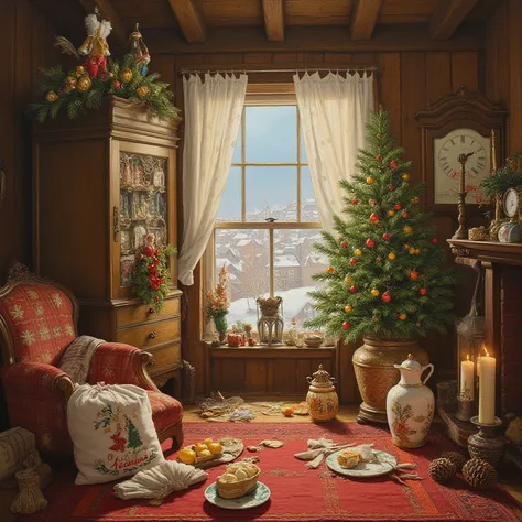 New Year's attic, wardrobes, New Year's window, tulle with a pattern of snowflakes, an old wardrobe and chest of drawers, a bouq...