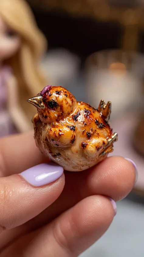 A close-up photograph showcasing a miniature roasted chicken held between the fingers of a hand. The chicken is the focal point,...