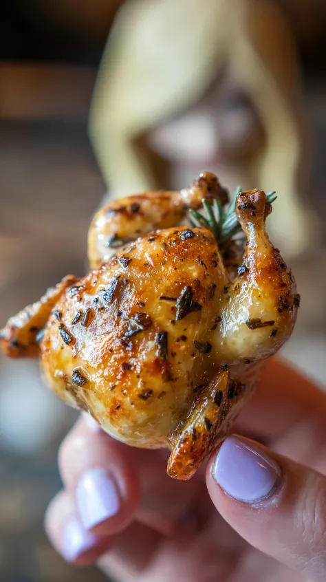 A close-up photograph showcasing a miniature roasted chicken held between the fingers of a hand. The chicken is the focal point,...