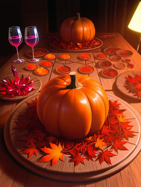 a thanksgiving table, detailed and photorealistic, masterpiece, 8k, volumetric lighting, dramatic contrast, golden hour lighting...