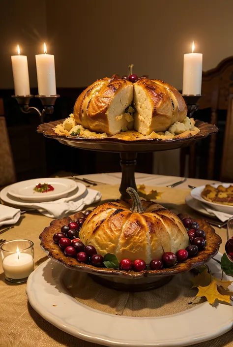 a bountiful thanksgiving table, warm autumn colors, roasted turkey, steaming mashed potatoes, fresh cranberry sauce, buttery din...