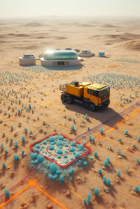 "high-resolution 3D image of a seismic monitoring process in an oil field:
Scene : aerial view of a desert area with:
- A vibra...