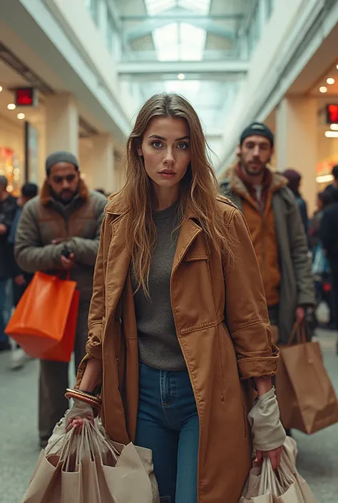 I need an image to be used as a video cover for a YouTube channel. The image must contain poor people full of shopping bags in t...