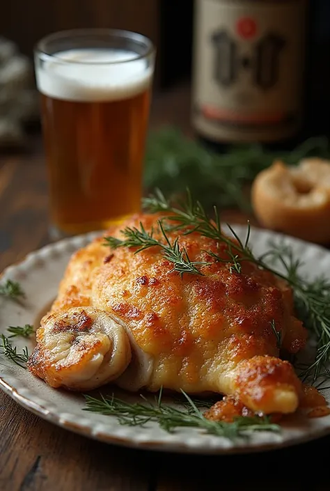 Bream fish label,beautifully baked fish on a plate of beer and written by IP Romanov 