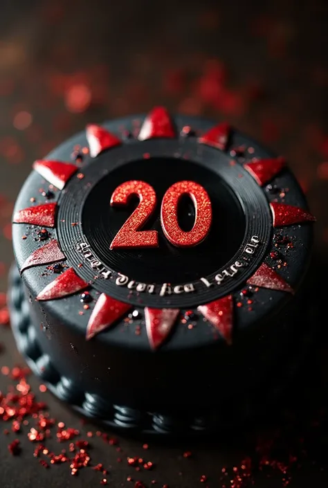 Festive cake top for celebrating 20 years with design inspired by retro vinyls, black central disc with the number "20" in brigh...