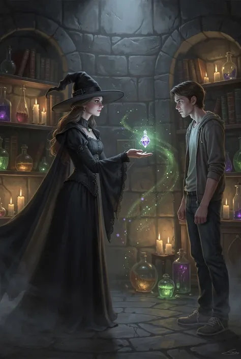 A thin, beautiful witch with a huge bosom in a witch's outfit offering a young thin male a vial of secret potion to drink. 