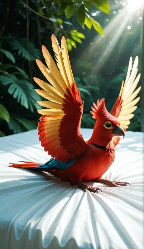 A Scarlet Macaw displaying its wings in the Amazon rainforest. The bird is made of glossy, hard-boiled swirl lollipops. The feat...