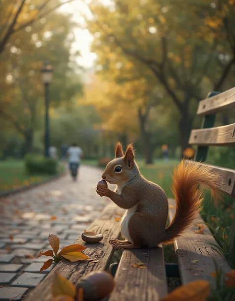 a squirrel eating an acorn on a park bench, detailed realistic 4K render, beautiful lush green park scenery, warm golden afterno...