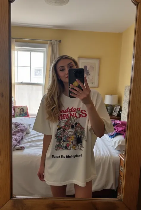 Cameron Brink, wearing an oversized band t-shirt , casual selfie in cozy bedroom, person taking picture in front of the mirror w...