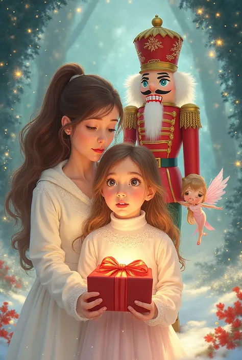 Christmas poster. A 10-year-old girl in the center, who holds a box in her hands. Mom in white around her, The Nutcracker Soldie...